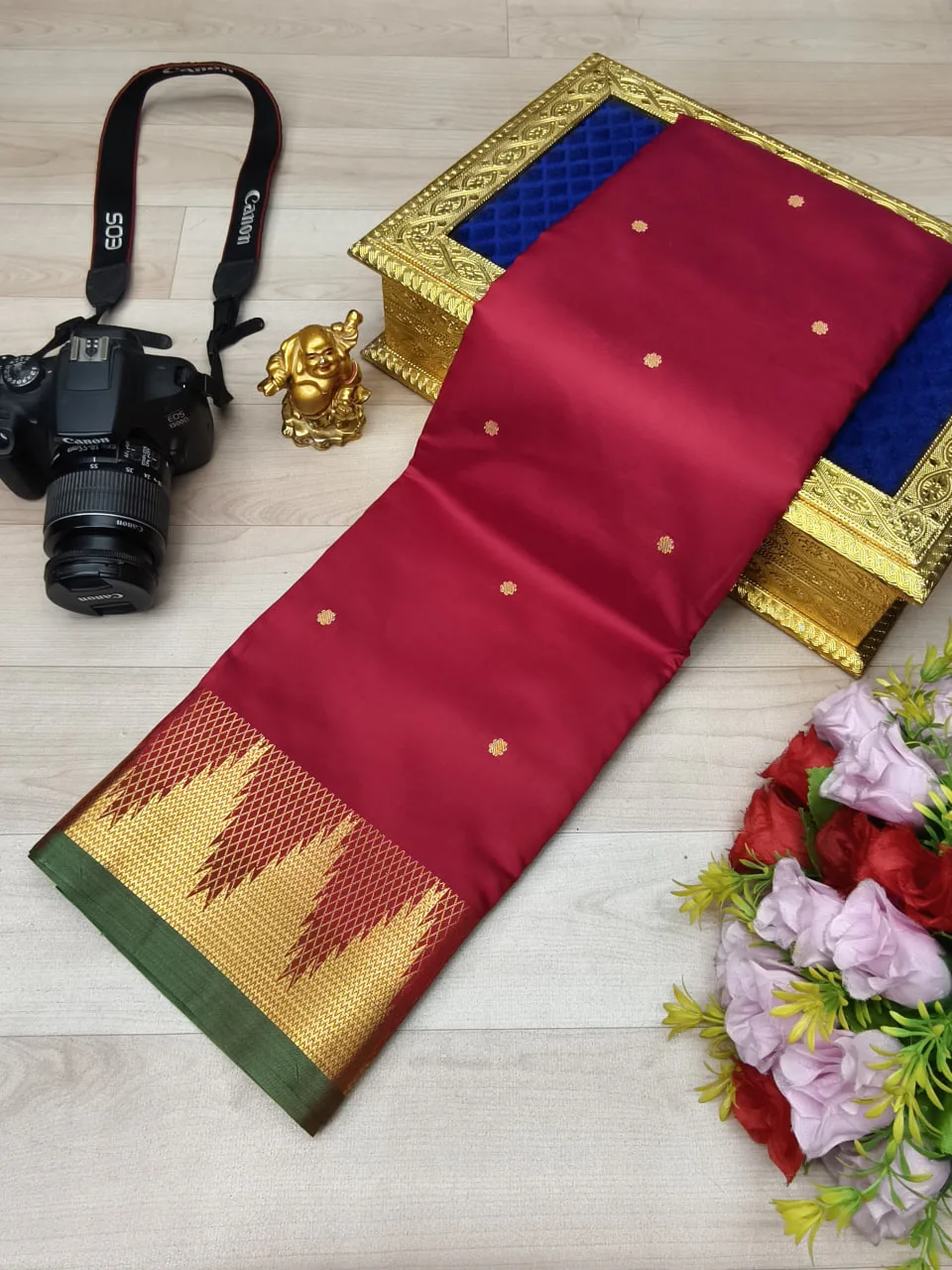 Maroon with Gold Buttas and Edges Soft Silk Saree